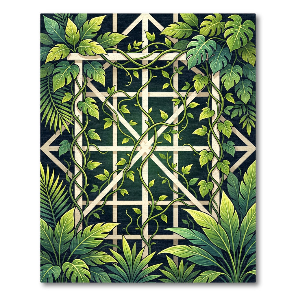 Lush Green Tropical Foliage Trellis Rug