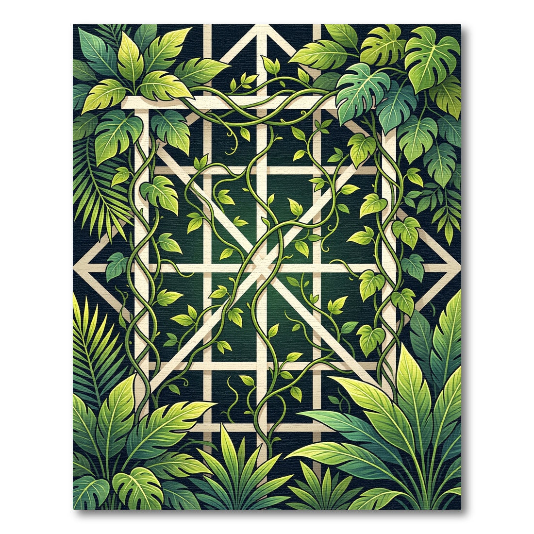 Lush Green Tropical Foliage Trellis Rug