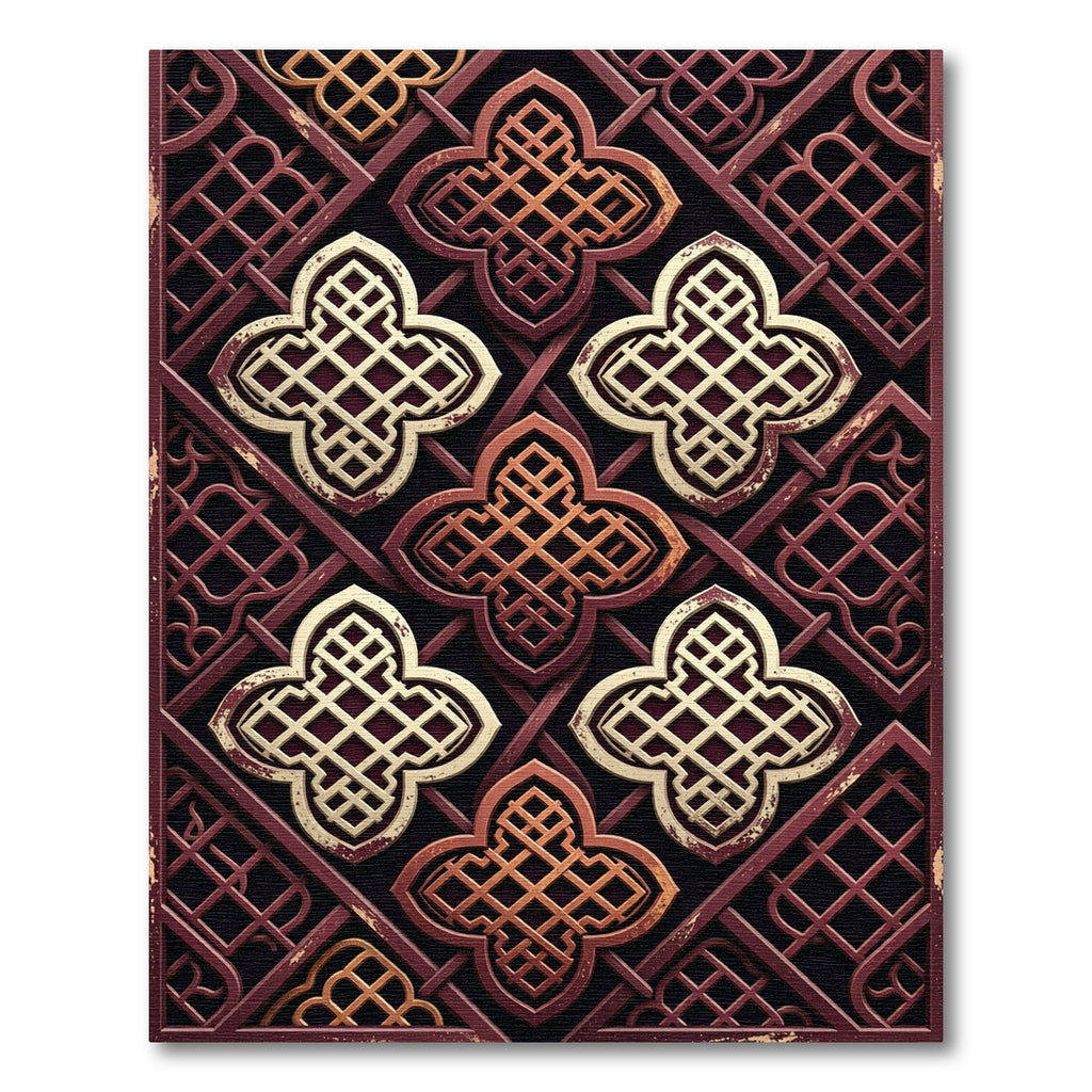Ornate Crimson Gold Geometric Quatrefoil Rug