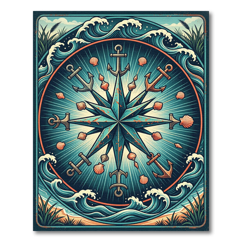 Nautical Compass Anchor Teal Ocean Wave Rug