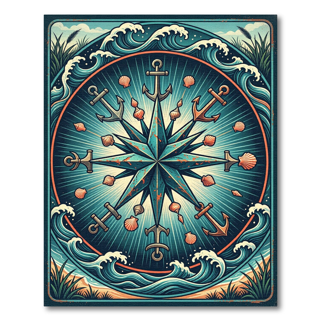 Nautical Compass Anchor Teal Ocean Wave Rug