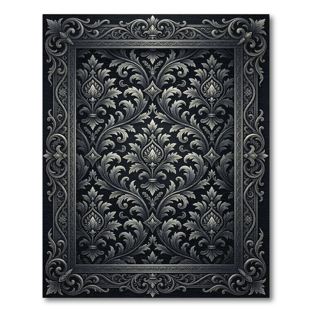 Dark Gray Ornate Scrollwork Medallion Rug