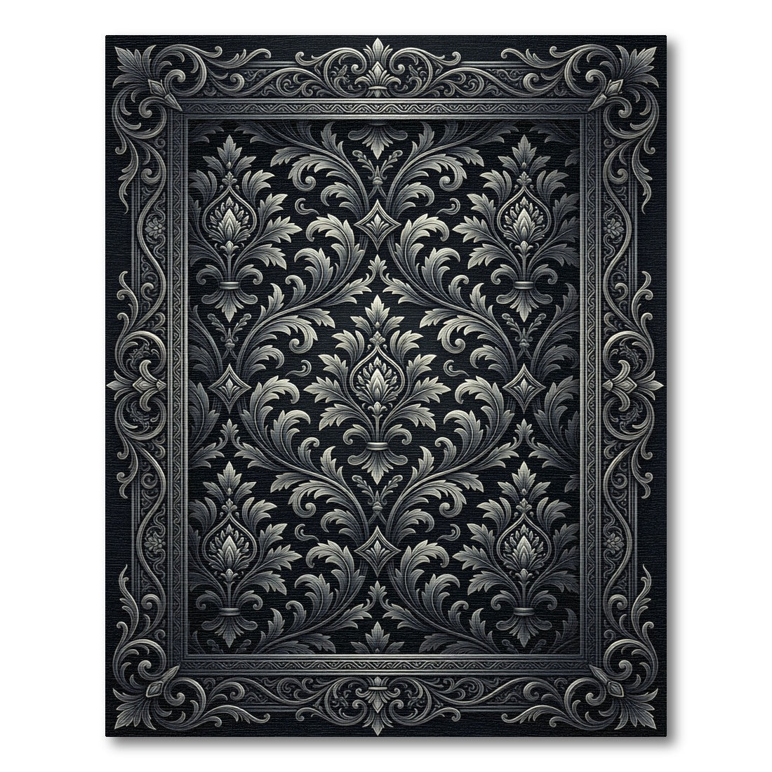 Dark Gray Ornate Scrollwork Medallion Rug