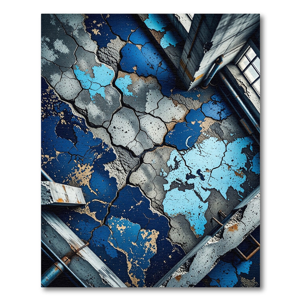 Distressed Blue World Map Cracked Texture Rug