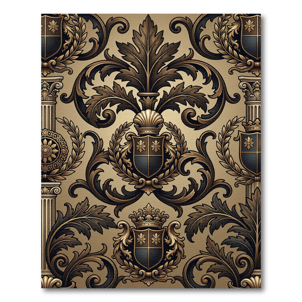Ornate Gold Black Crest Flourish Rug