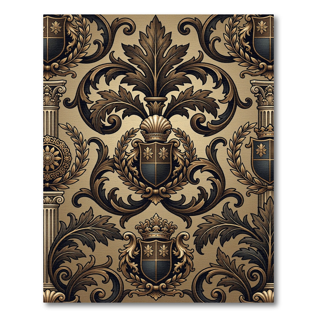 Ornate Gold Black Crest Flourish Rug