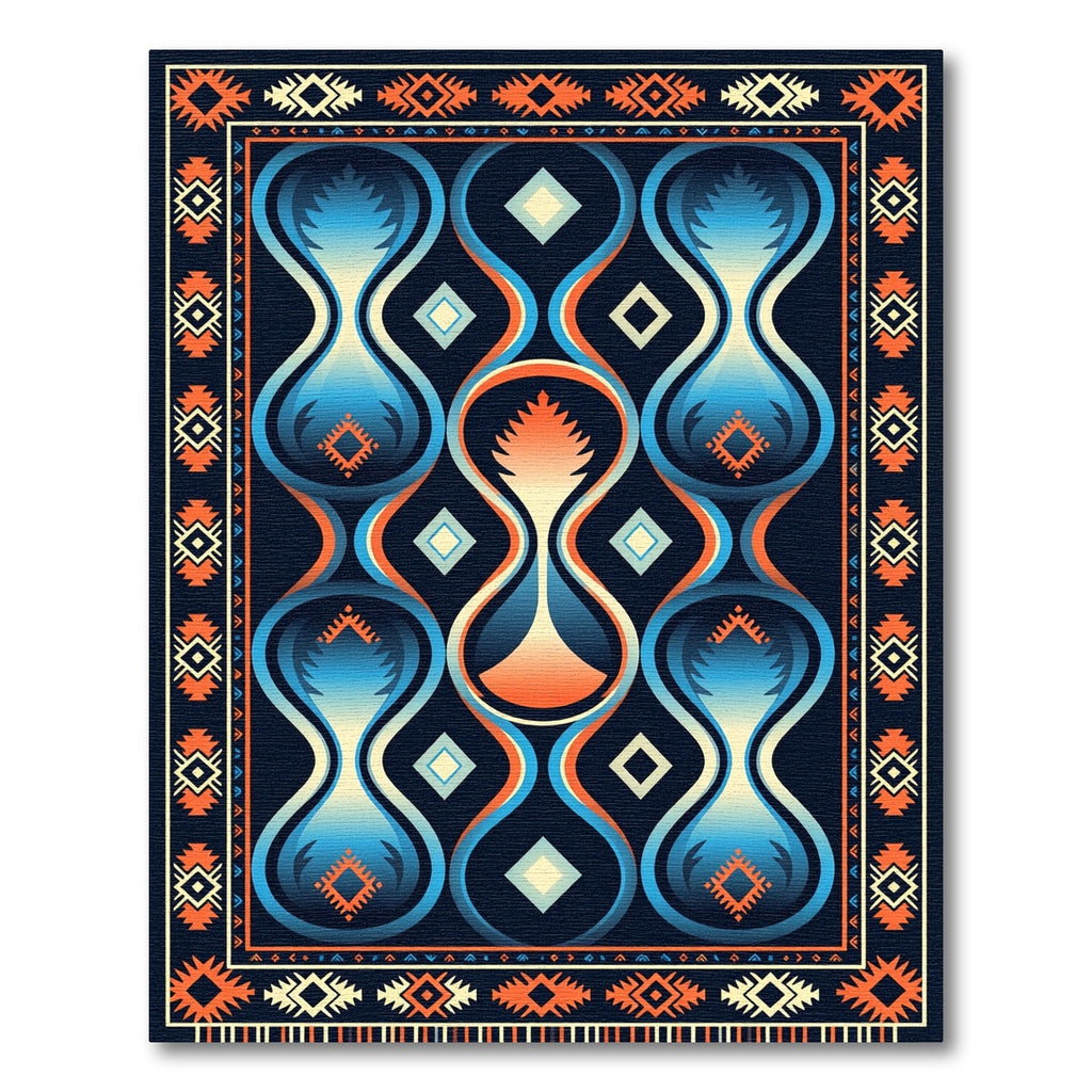 Abstract Hourglass Blue Orange Border Rug