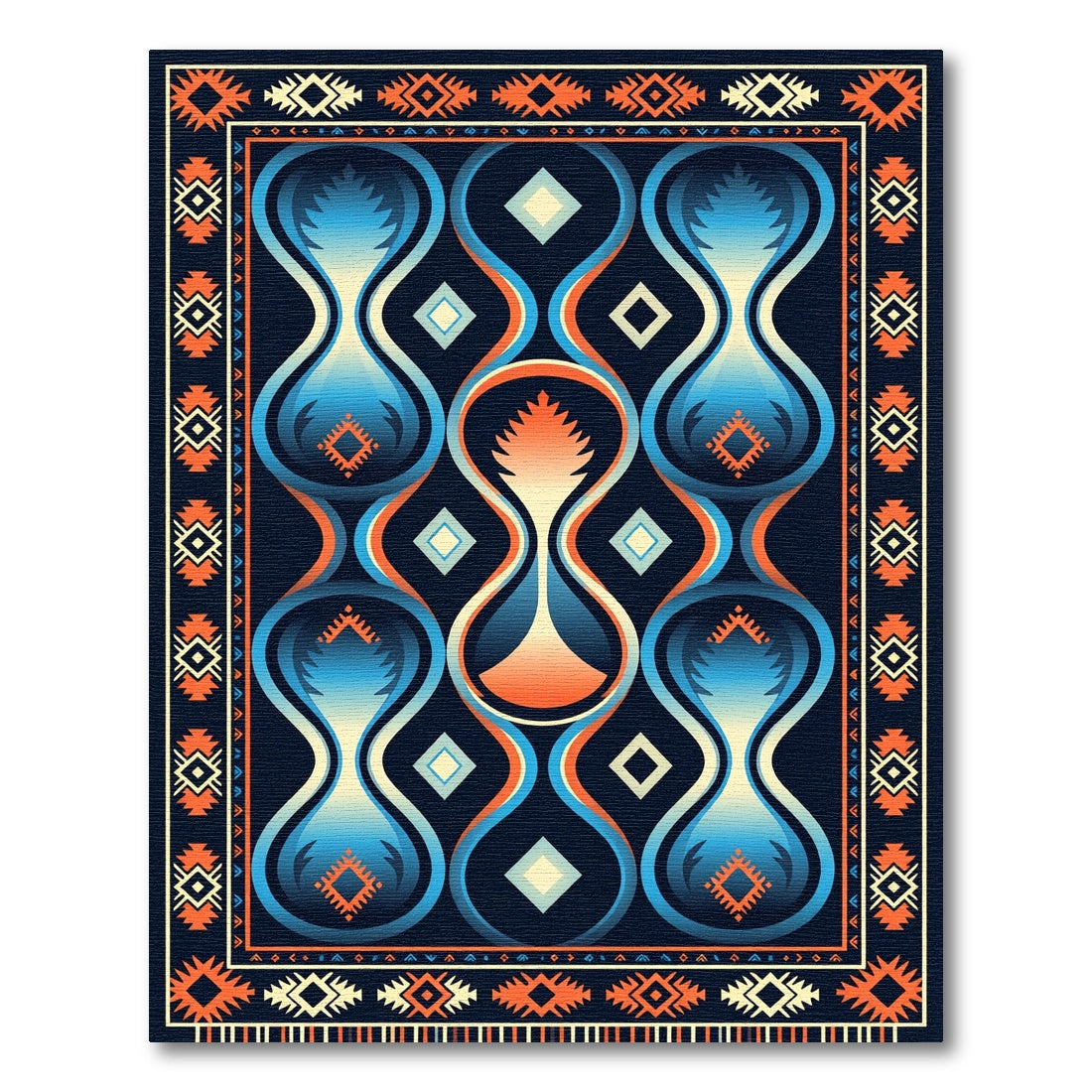 Abstract Hourglass Blue Orange Border Rug
