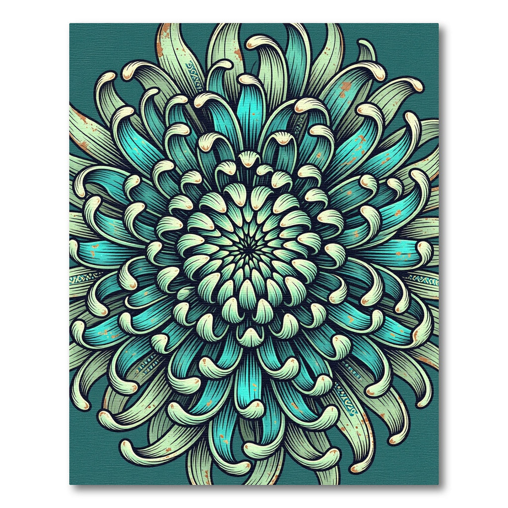 Teal Chrysanthemum Botanical Mandala Scroll Rug