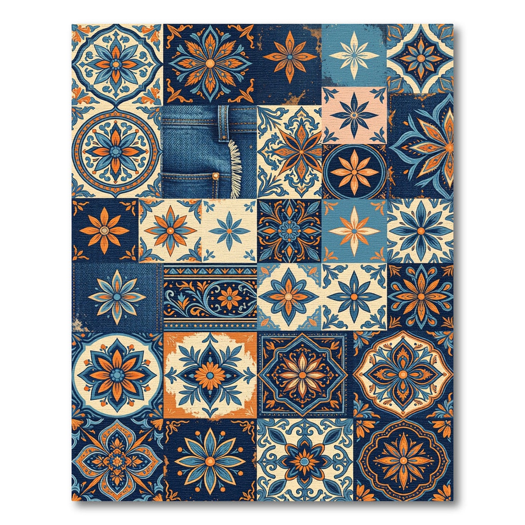 Blue and Orange Floral Tile Mosaic Rug