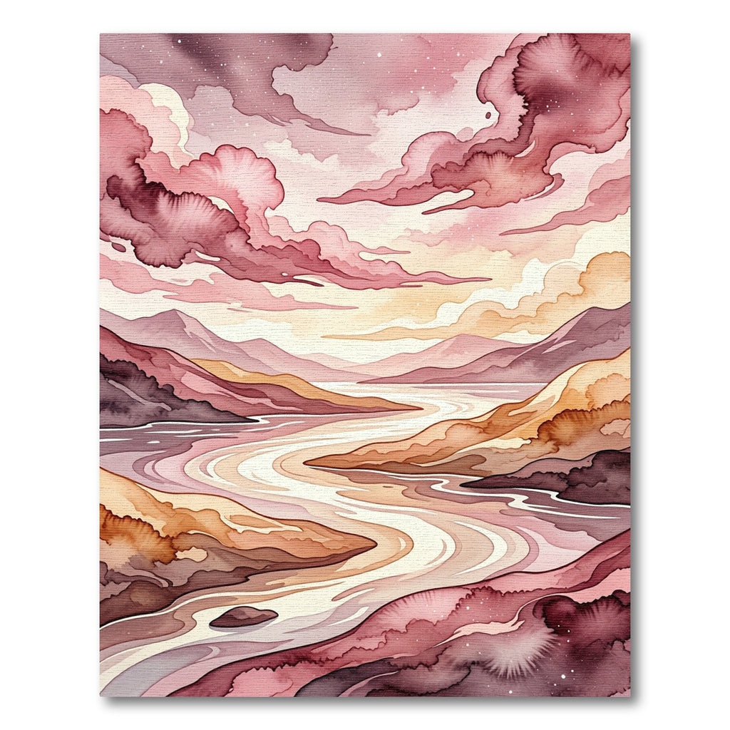 Rose Pink Cloudy Mountain River Landscape Rug