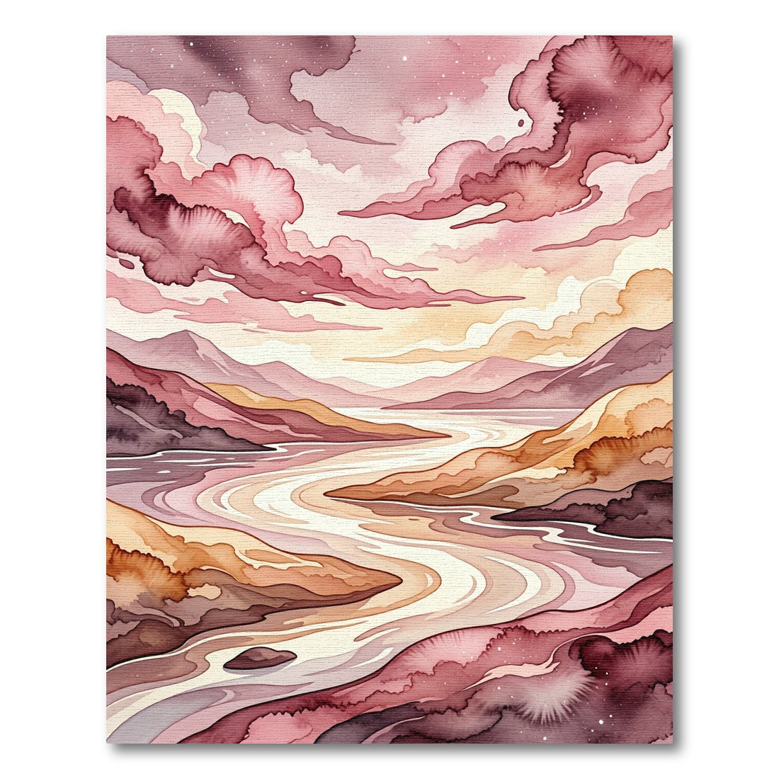 Rose Pink Cloudy Mountain River Landscape Rug