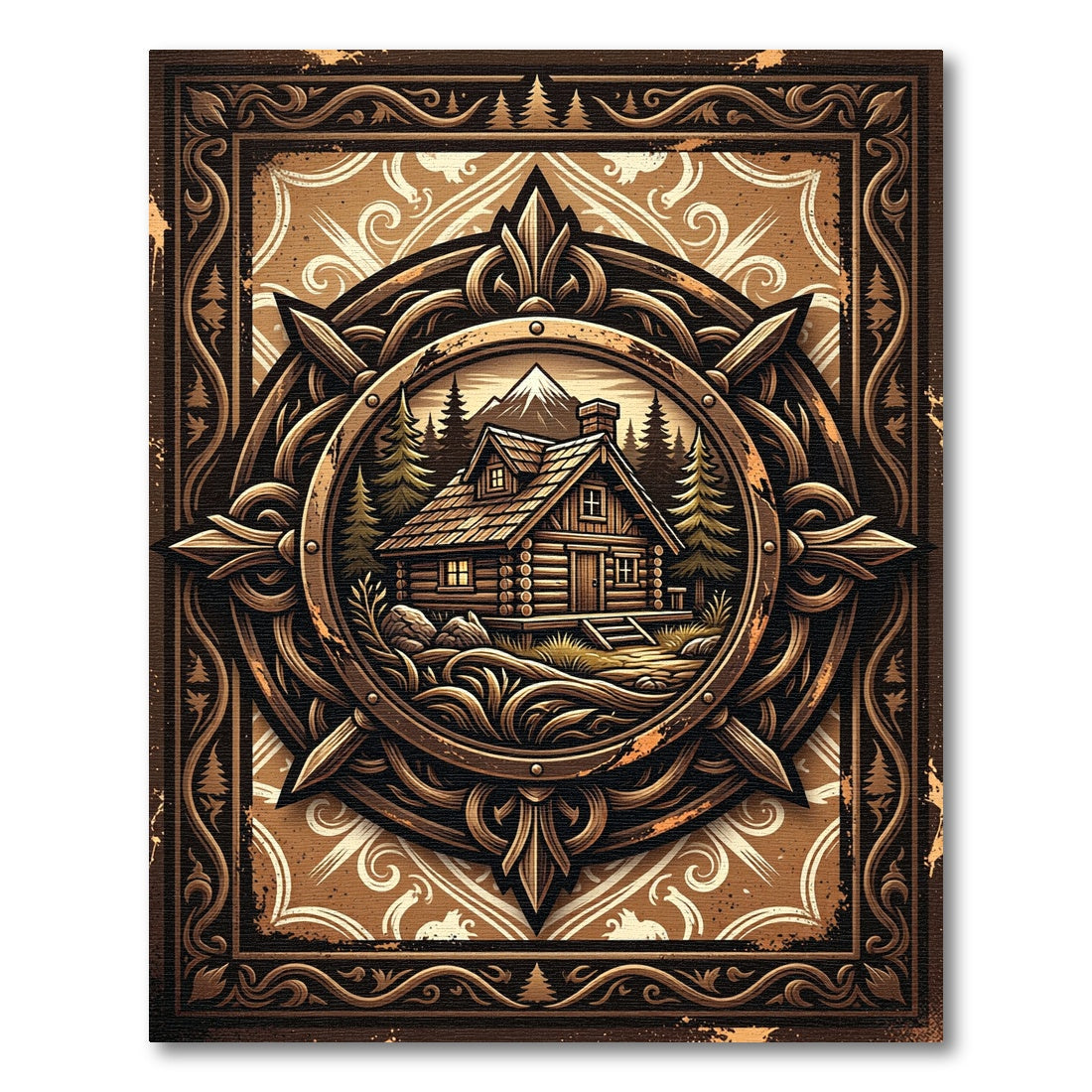 Rustic Bronze Mountain Cabin Medallion Rug