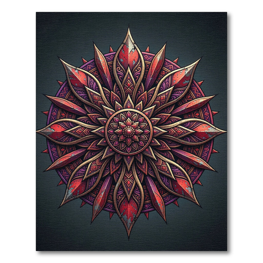 Ornate Crimson Golden Lotus Mandala Rug
