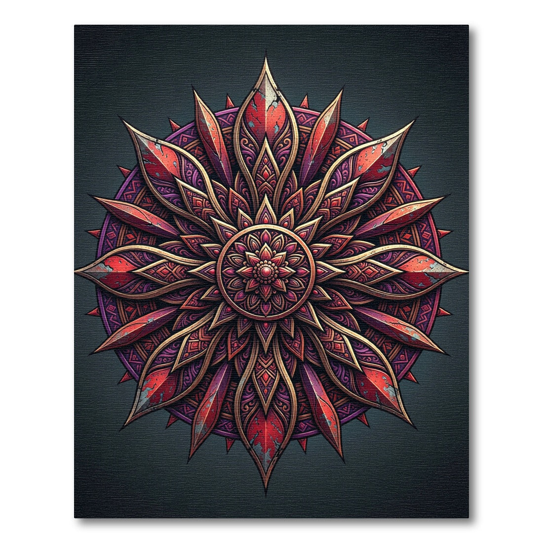 Ornate Crimson Golden Lotus Mandala Rug