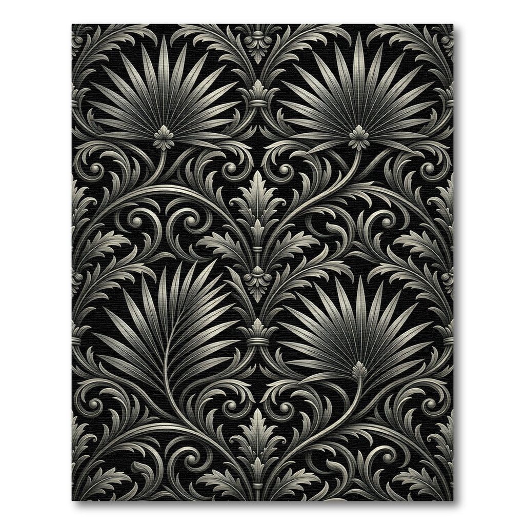 Ornate Silver Palm Leaf Scrollwork Rug