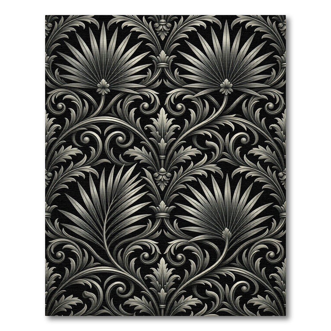 Ornate Silver Palm Leaf Scrollwork Rug