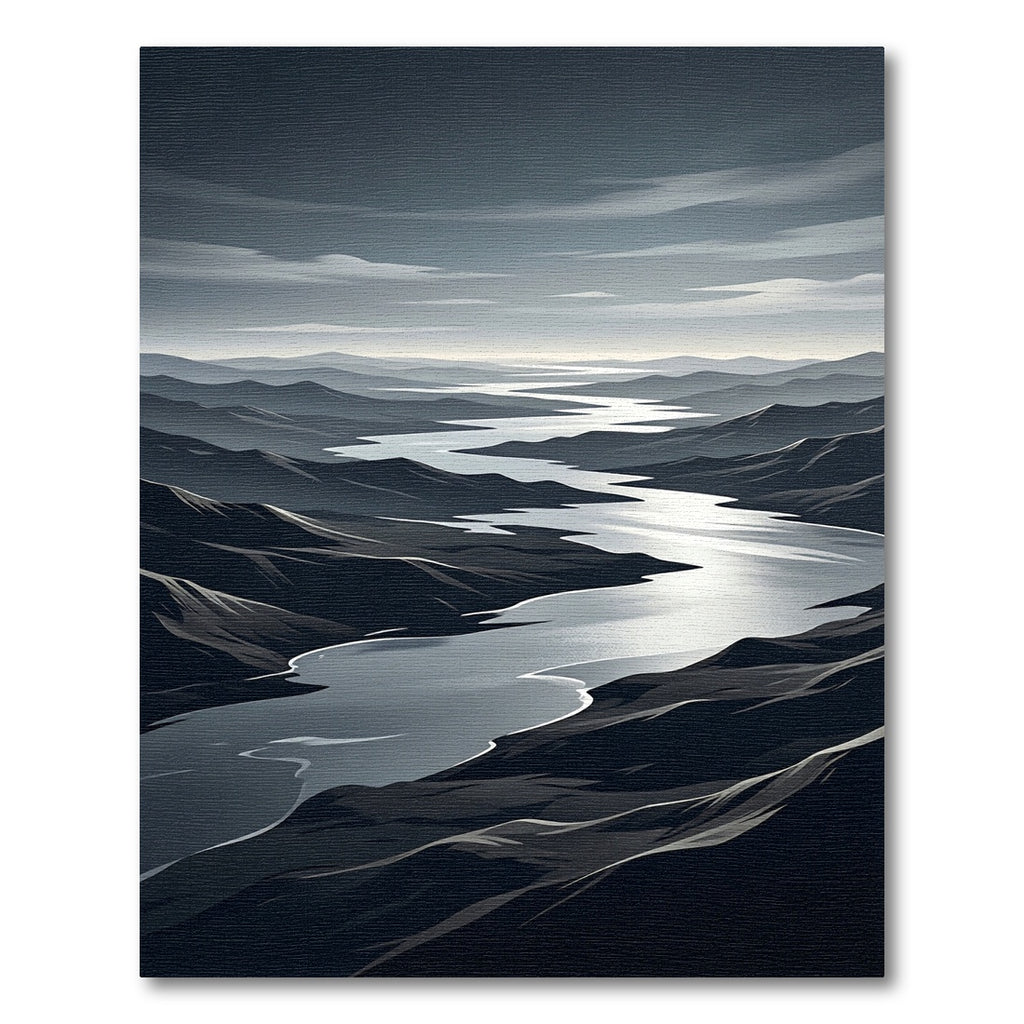 Monochromatic Mountain River Vista Landscape Rug