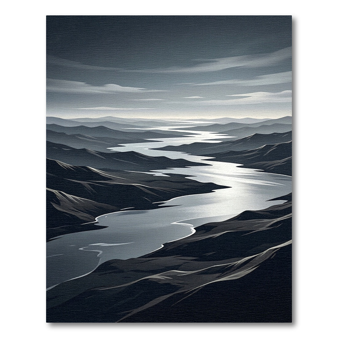 Monochromatic Mountain River Vista Landscape Rug