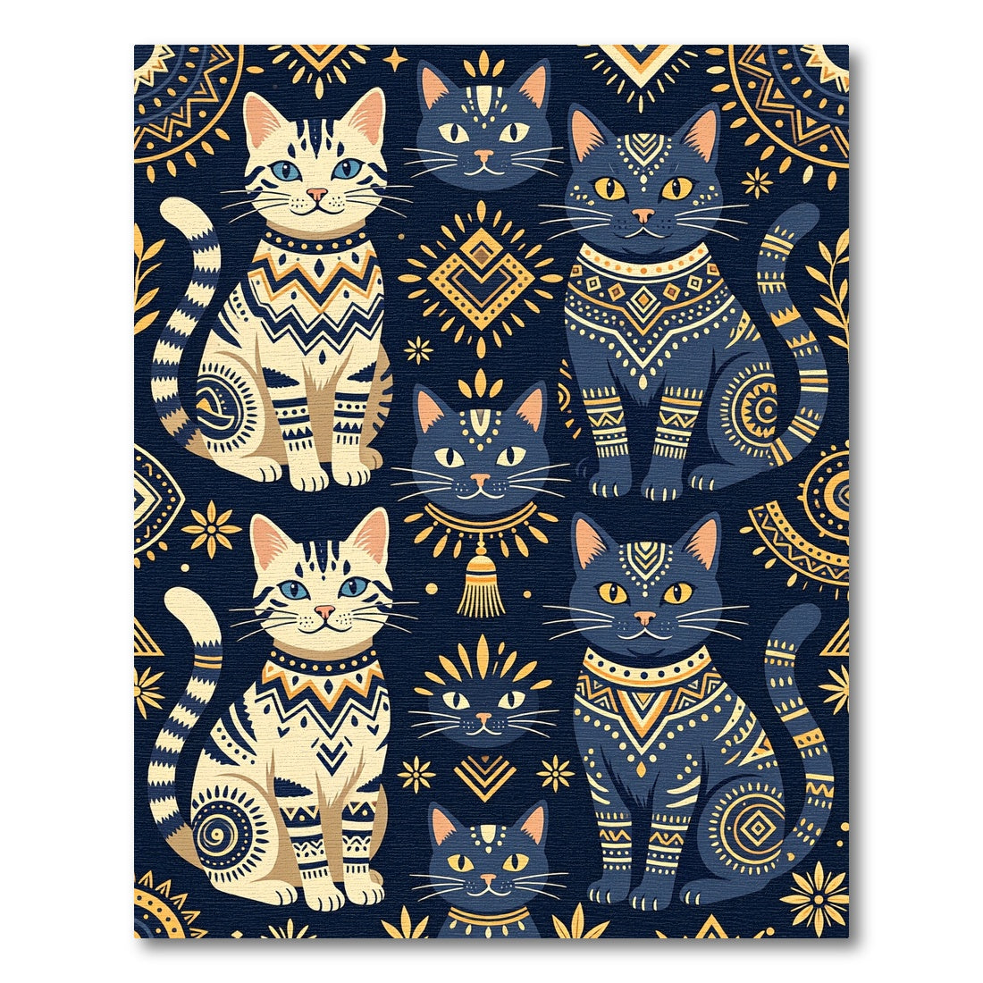 Midnight Navy Golden Folk Cat Art Rug