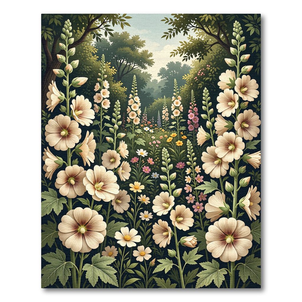 Cream Hollyhock Floral Garden Meadow Rug