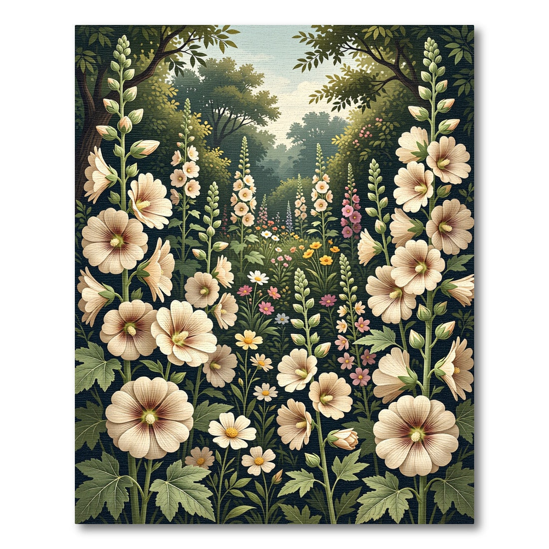 Cream Hollyhock Floral Garden Meadow Rug