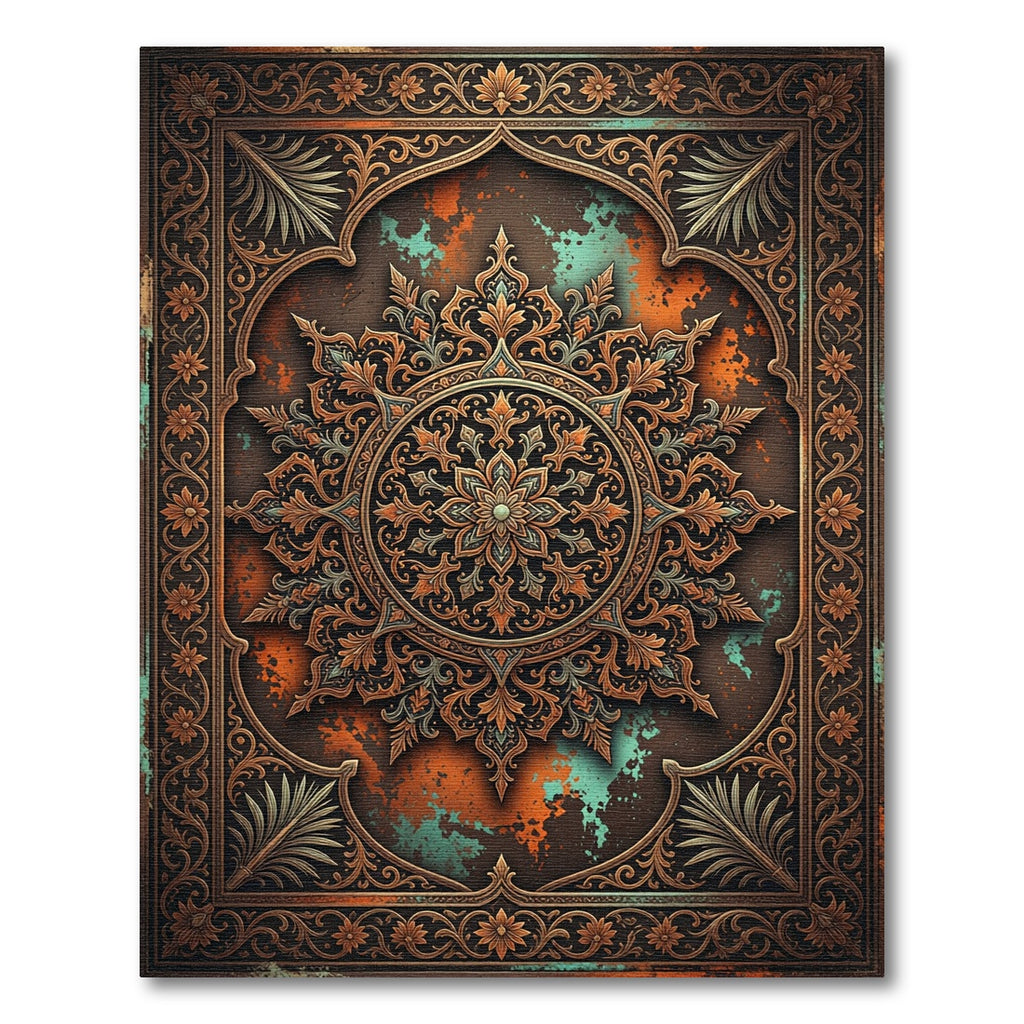 Antique Copper Teal Medallion Frame Rug