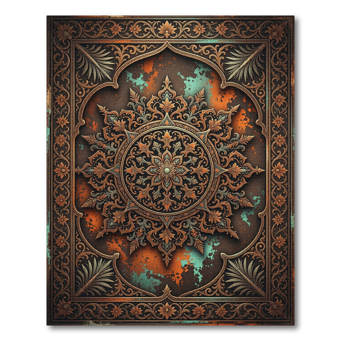 Antique Copper Teal Medallion Frame Rug