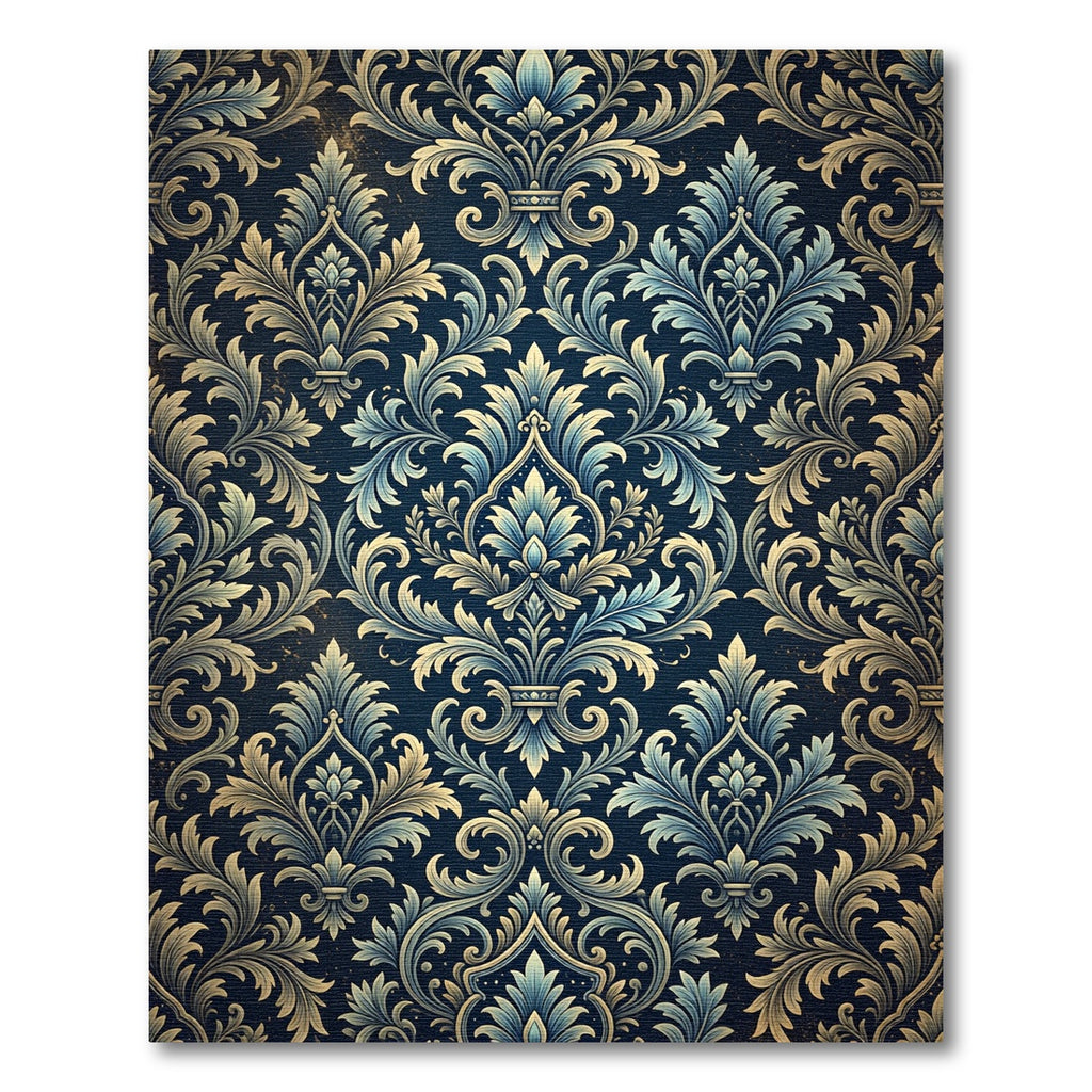 Deep Blue Golden Floral Damask Rug