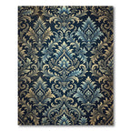 Deep Blue Golden Floral Damask Rug