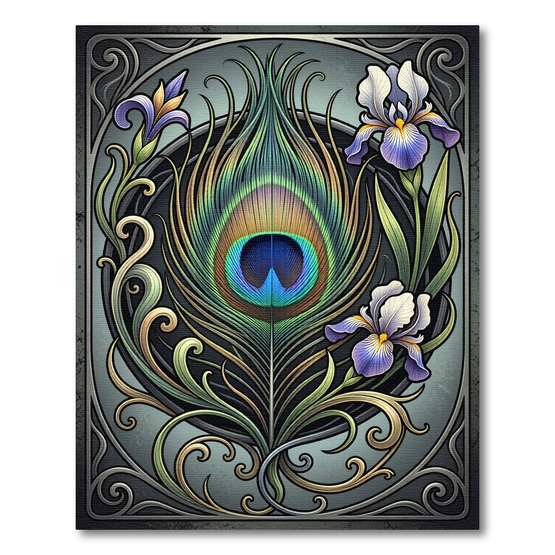 Art Nouveau Peacock Feather Iris Floral Rug