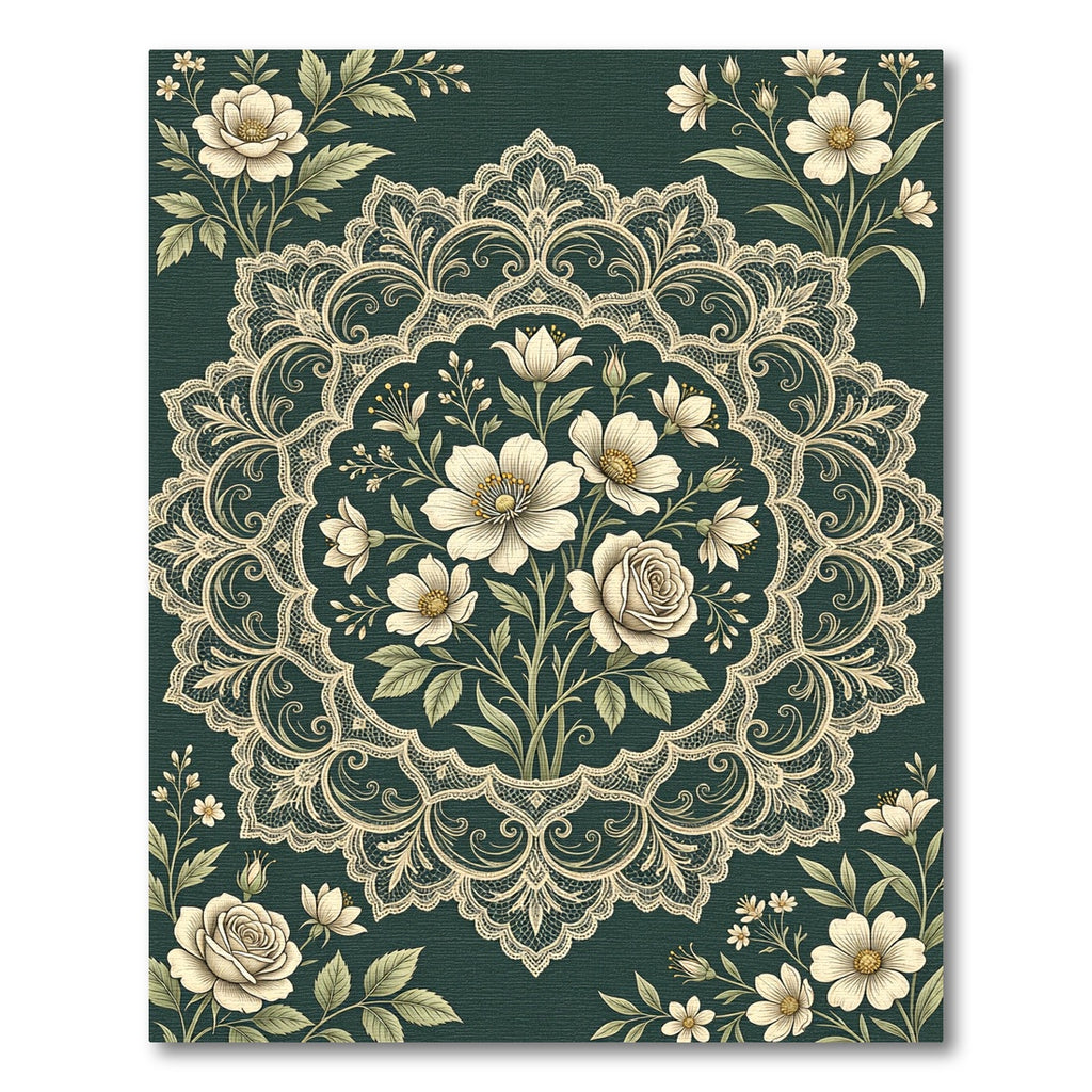 Elegant Floral Lace Medallion Dark Green Rug