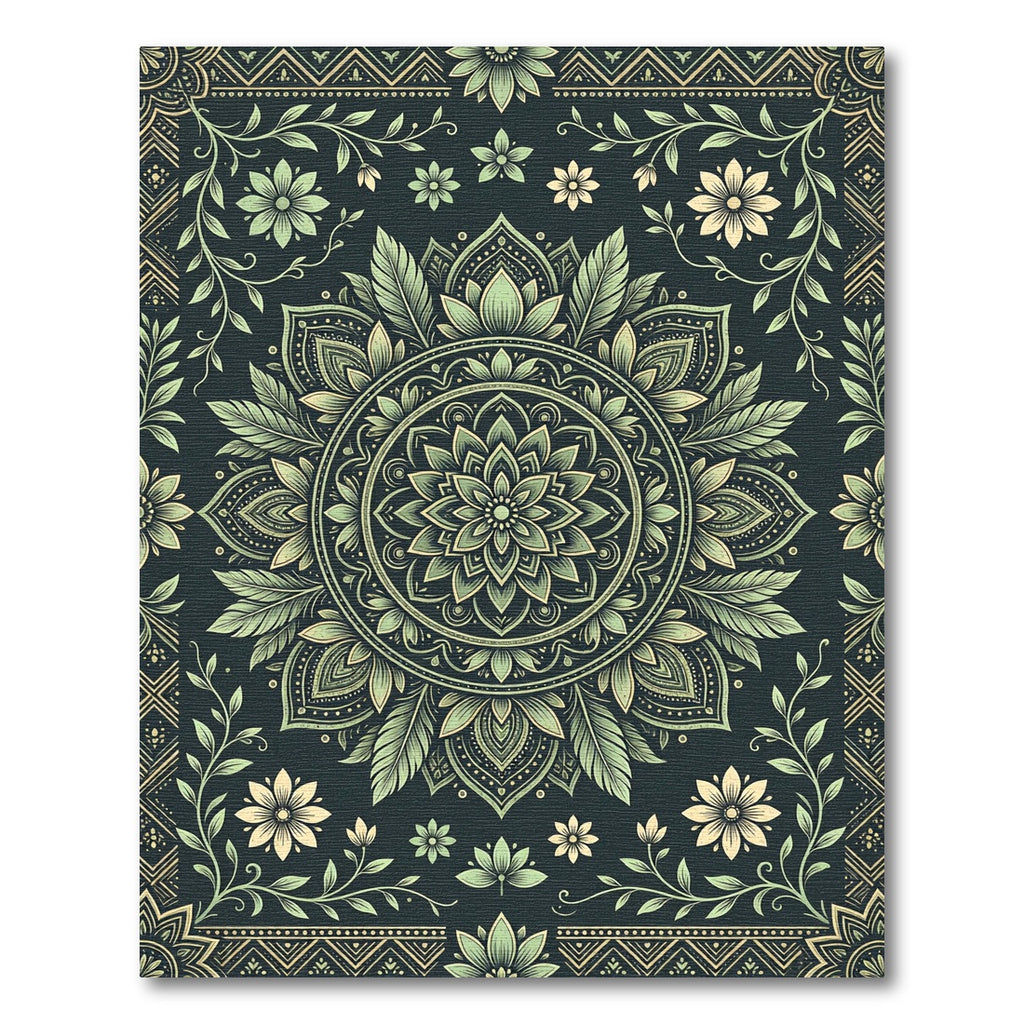 Sage Green Floral Art Deco Mandala Rug