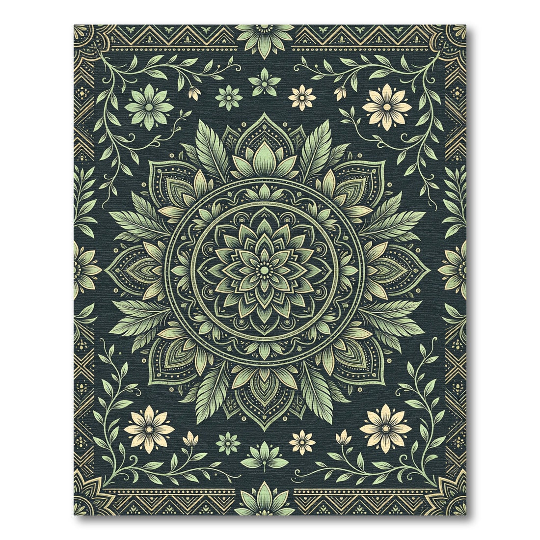 Sage Green Floral Art Deco Mandala Rug