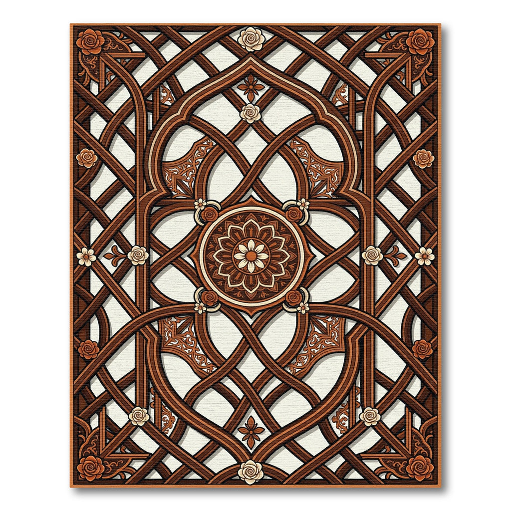 Ornate Walnut Lattice with Floral Medallion Rug