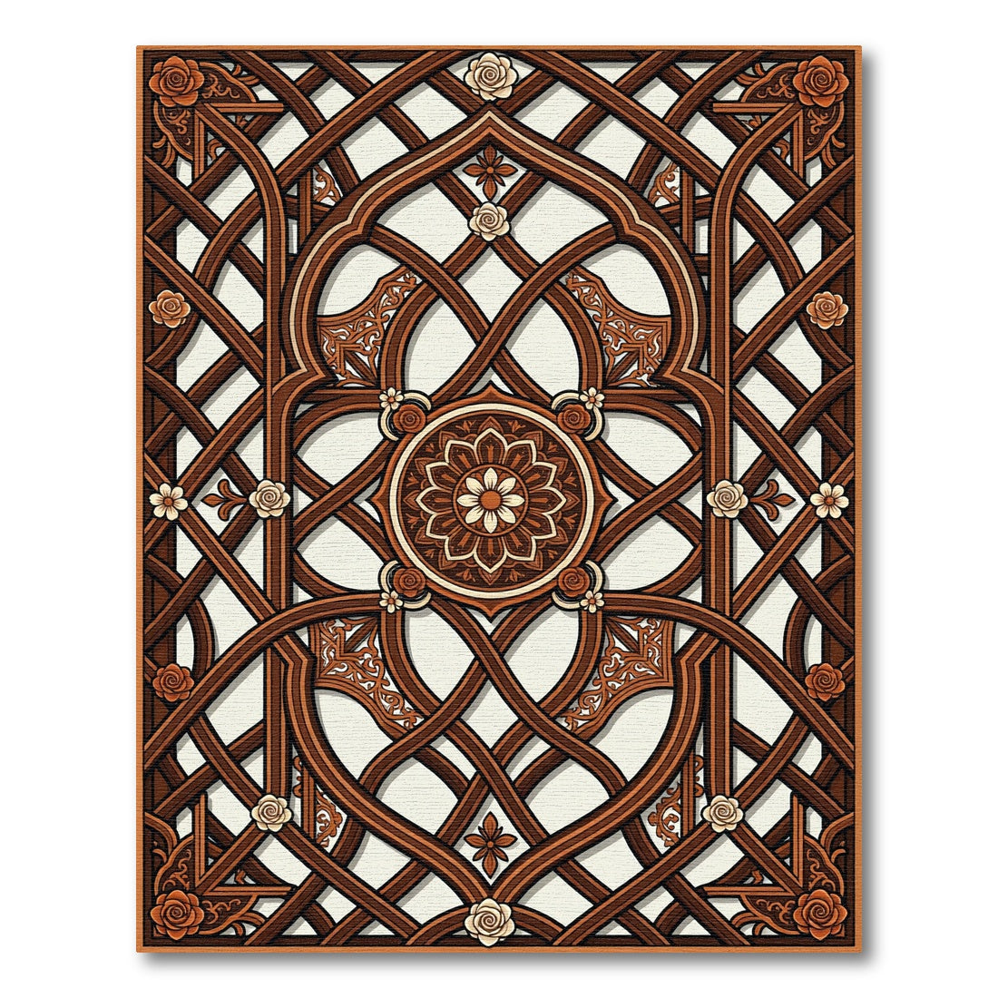 Ornate Walnut Lattice with Floral Medallion Rug