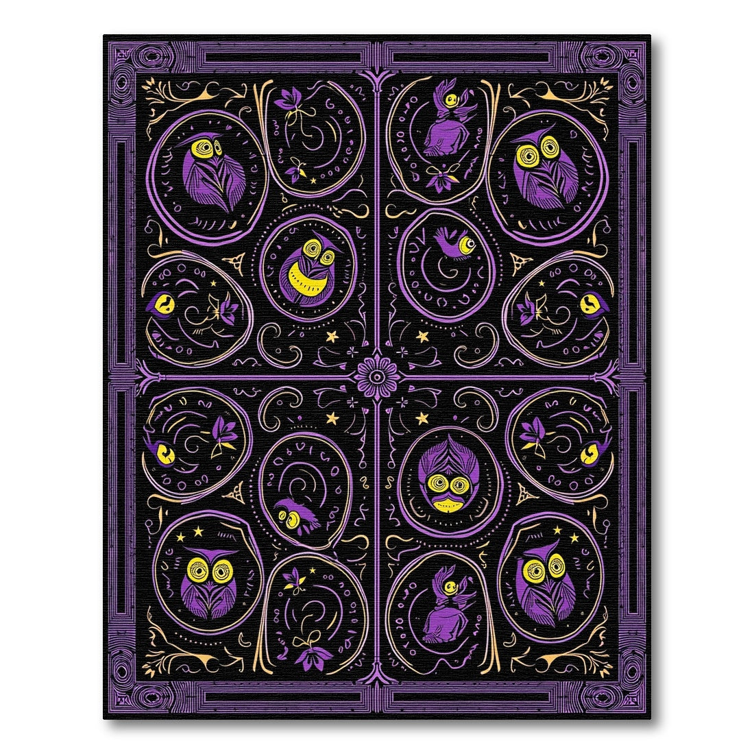 Purple Yellow Owl Whimsical Folk Art Rug