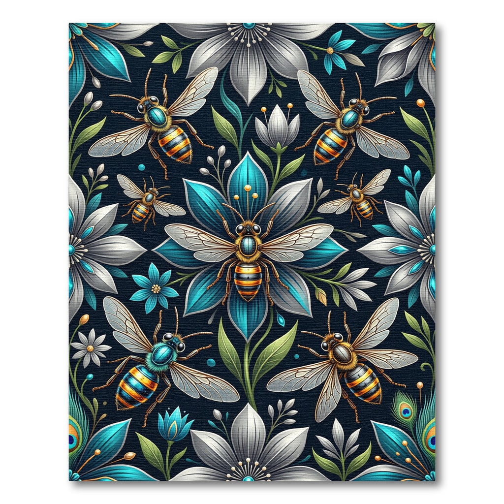 Elegant Teal Blue Honeybee Floral Garden Rug