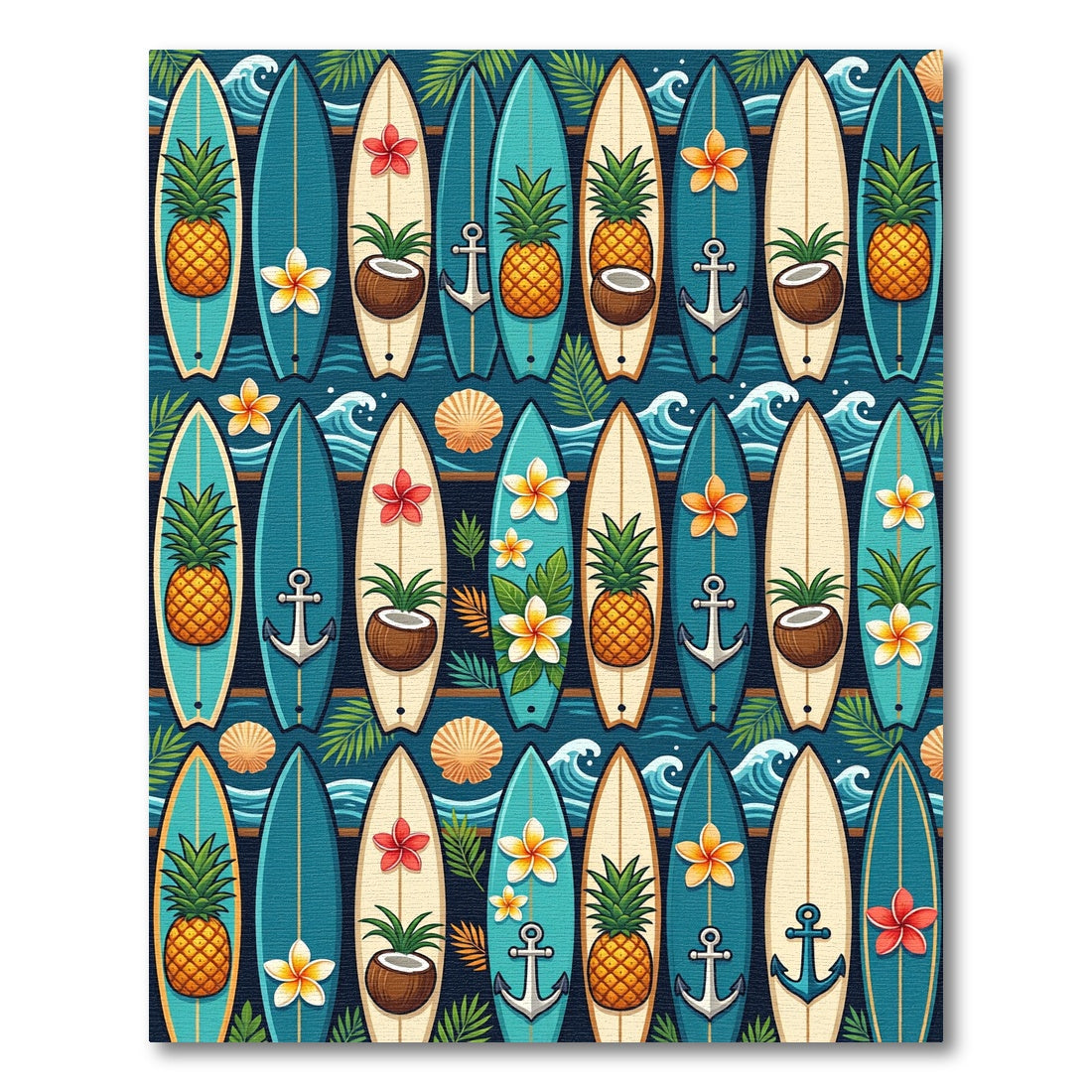 Tropical Teal Surfboard Pineapple Ocean Art Rug