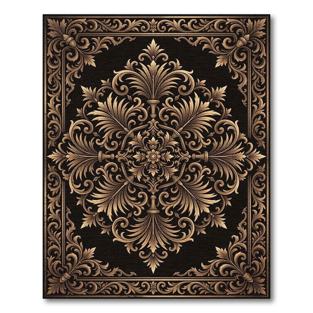 Ornate Gold Filigree Damask Scroll Rug