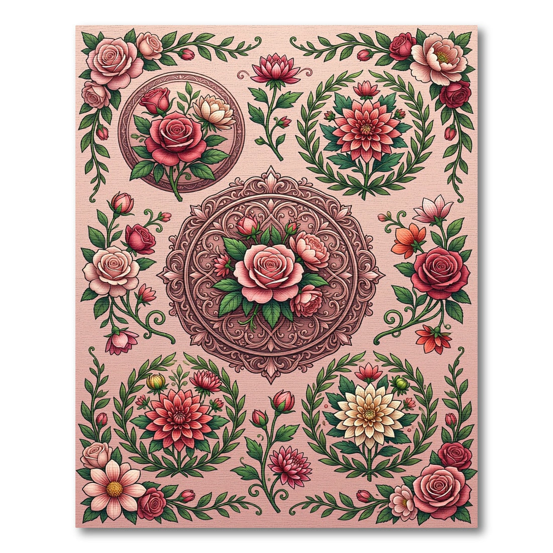 Floral Medallion Garland Rose Arrangement Rug