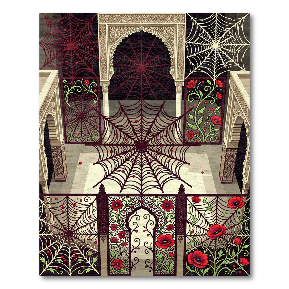 Crimson Red Spiderweb Floral Arch Rug