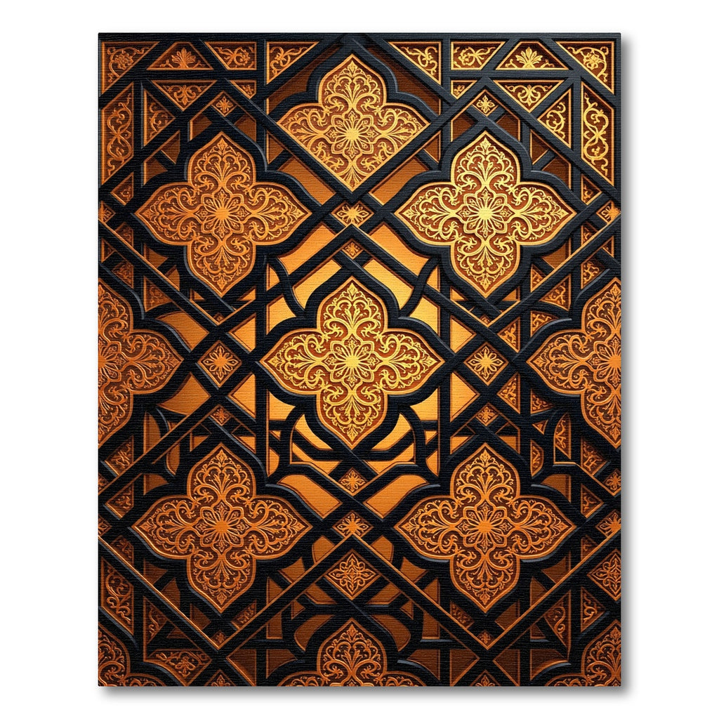 Ornate Golden Arabesque Lattice Black Relief Rug