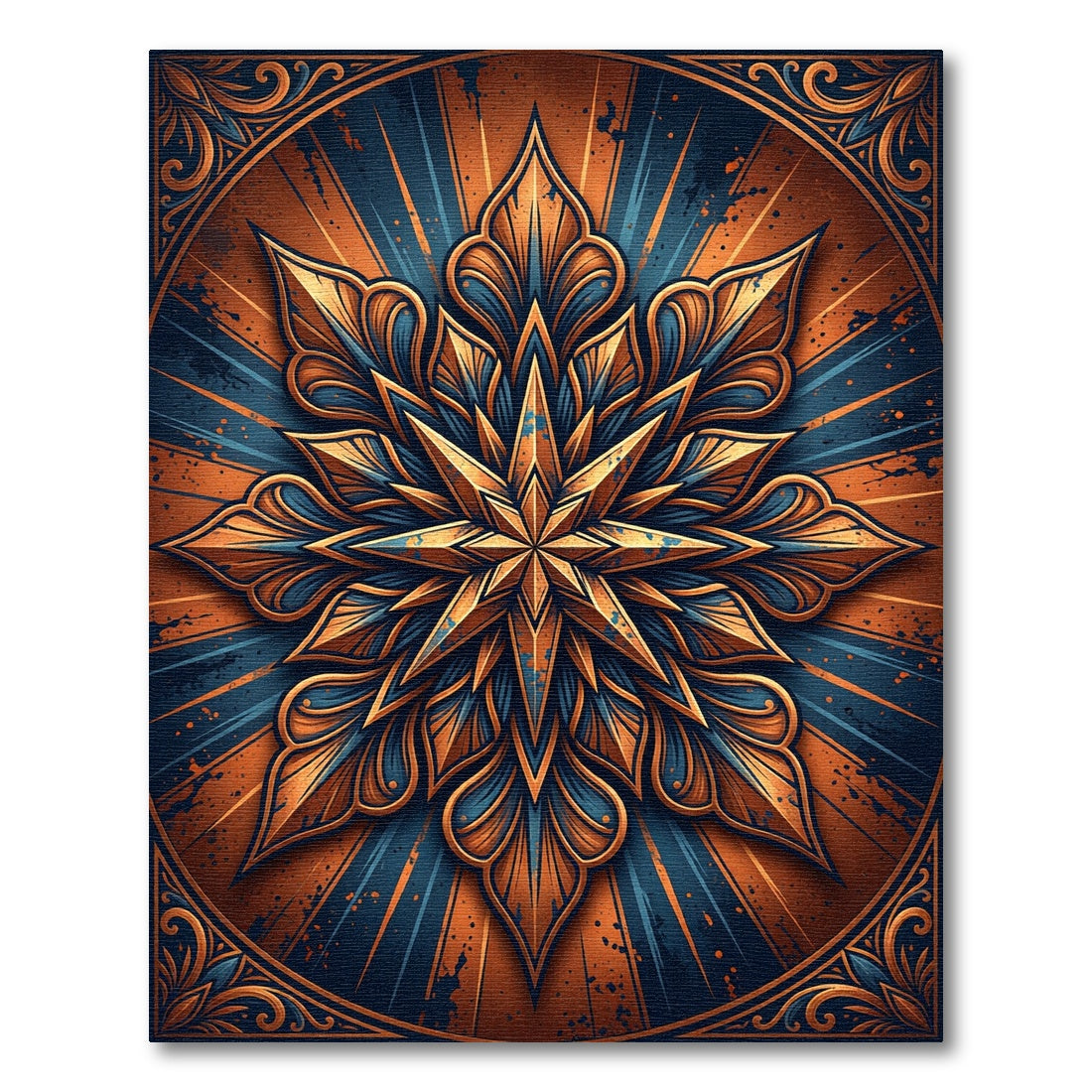Golden Orange Blue Starburst Medallion Rug