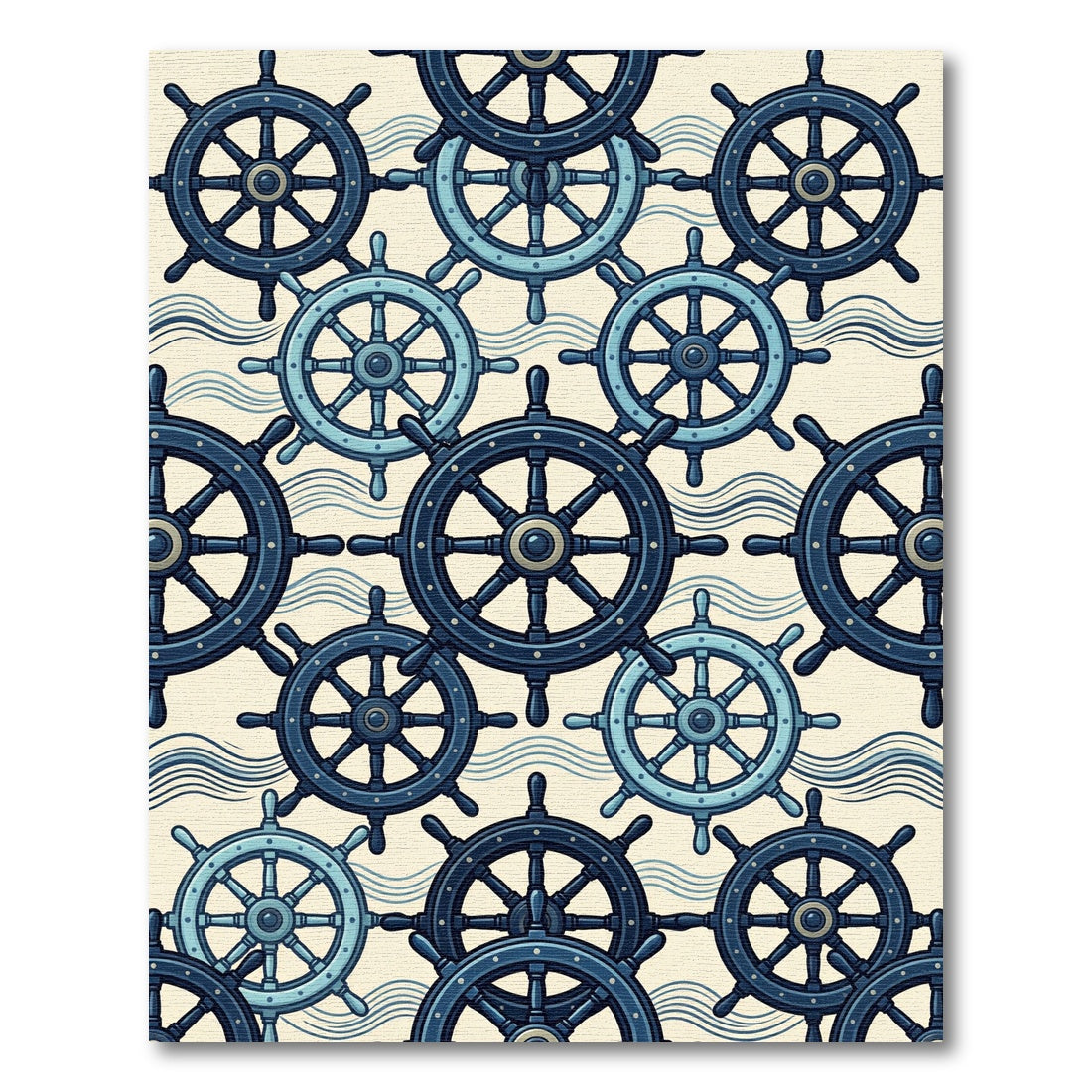 Navy Blue Ship Wheel Waves Rug