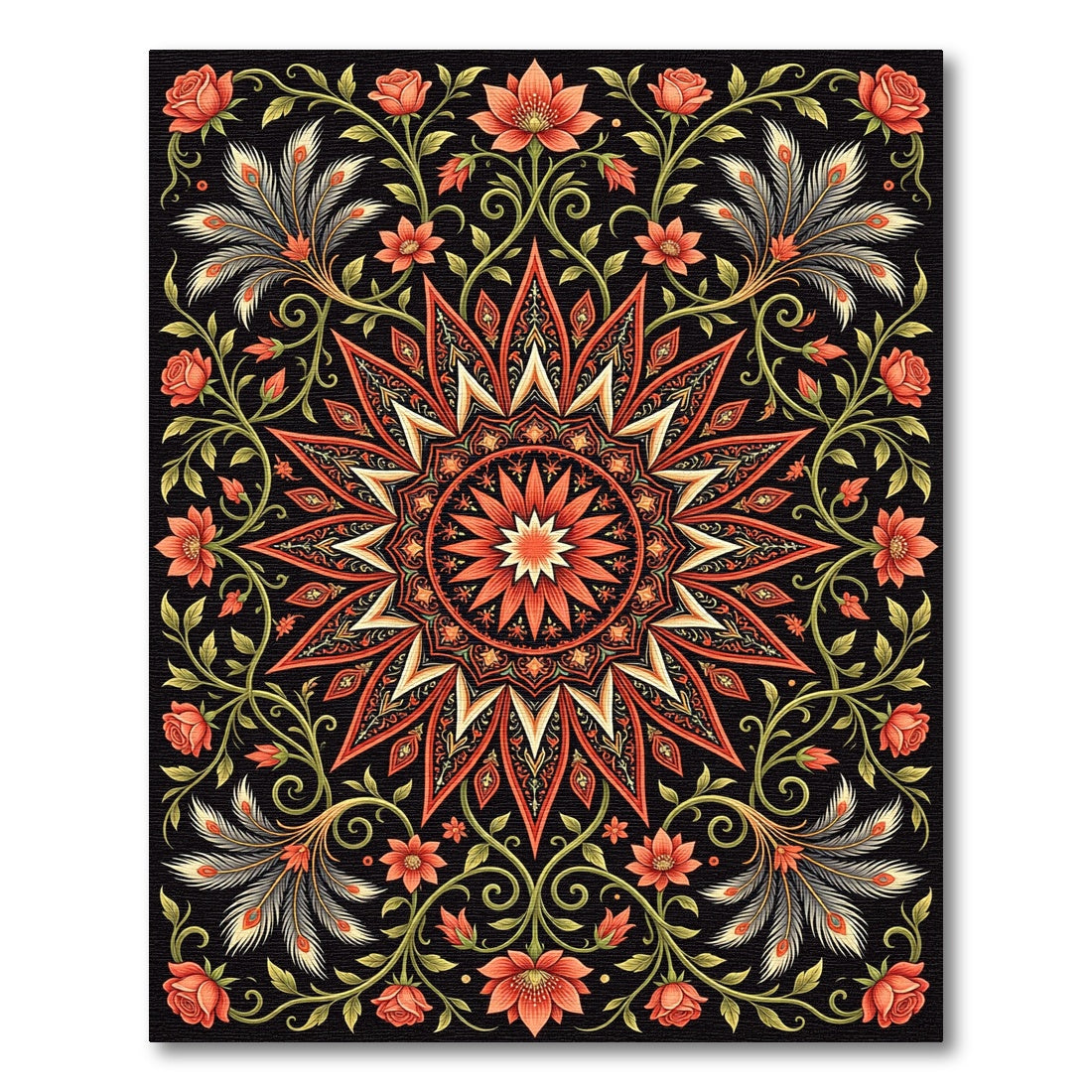 Radiant Coral Botanical Mandala Floral Rug