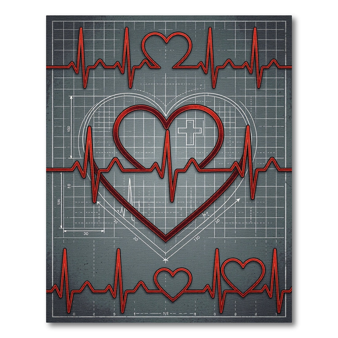 Red Electrocardiogram Heart Blueprint Rug