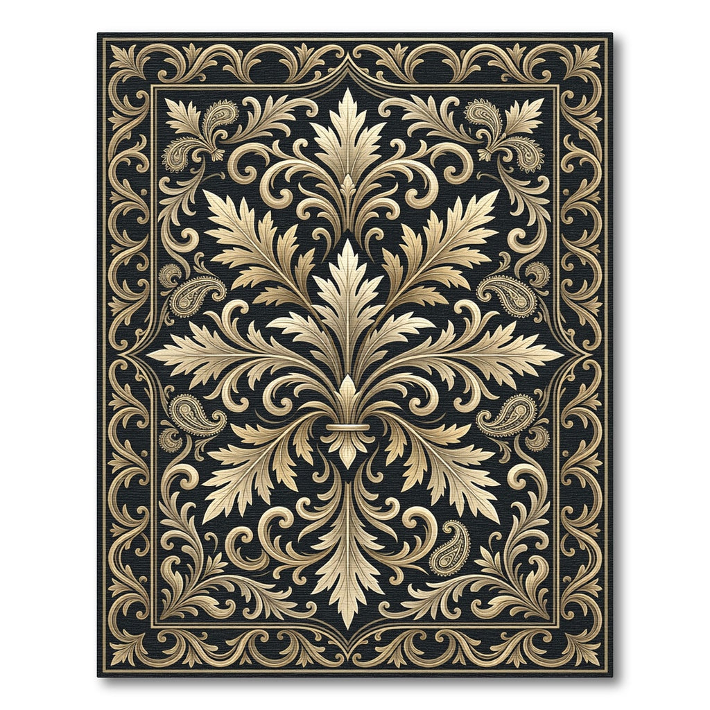 Ornate Gold Paisley Scrollwork Rug