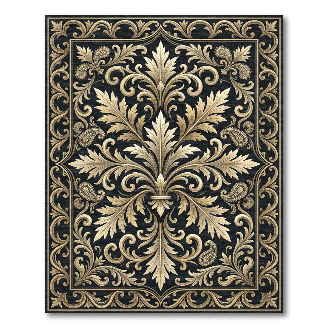 Ornate Gold Paisley Scrollwork Rug