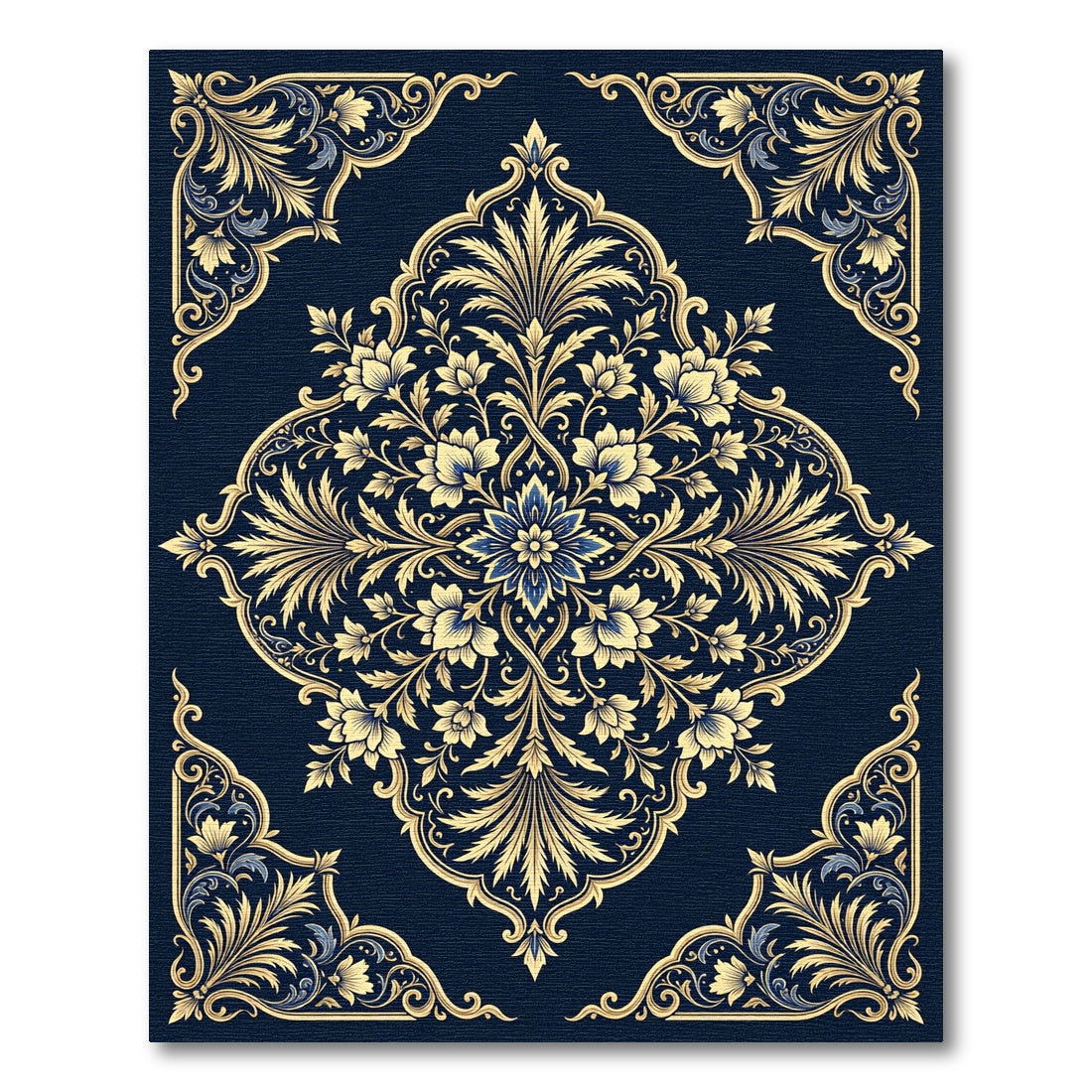 Elegant Navy Blue Golden Floral Medallion Rug
